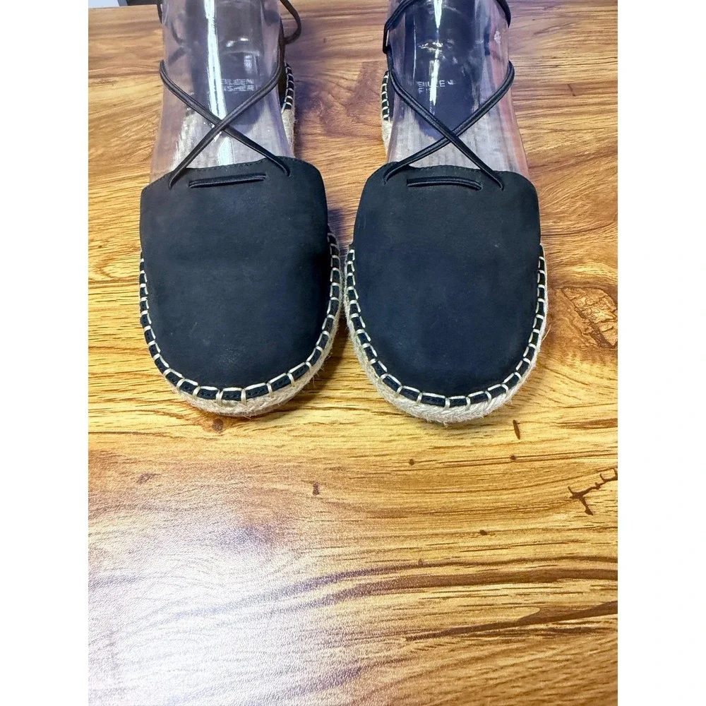 Eileen Fisher Black Lace Nubuck Lace Up Espadrille Flats Back Zip Size 8.5